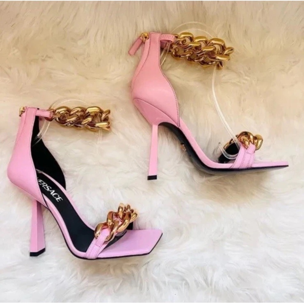 New! VERSACE Medusa Chain Square Toe Heels Pink Leather Gold Hardware Sandals - Picture 11 of 15